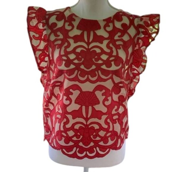 ENDLESS ROSE Red and Nude Flutter Sleeve Top - Picture 1 of 4